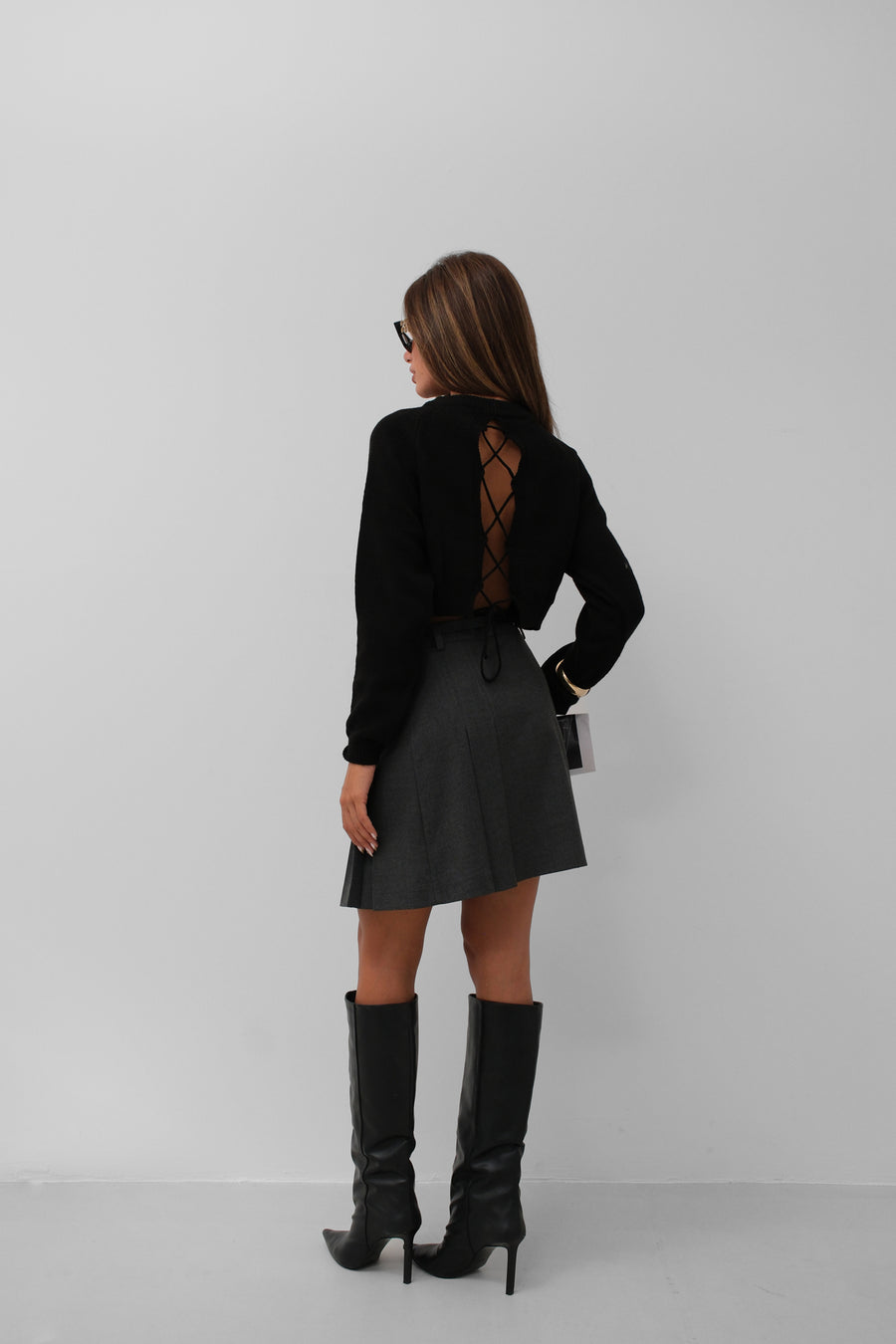 Back Tie Detail Black Sweater 