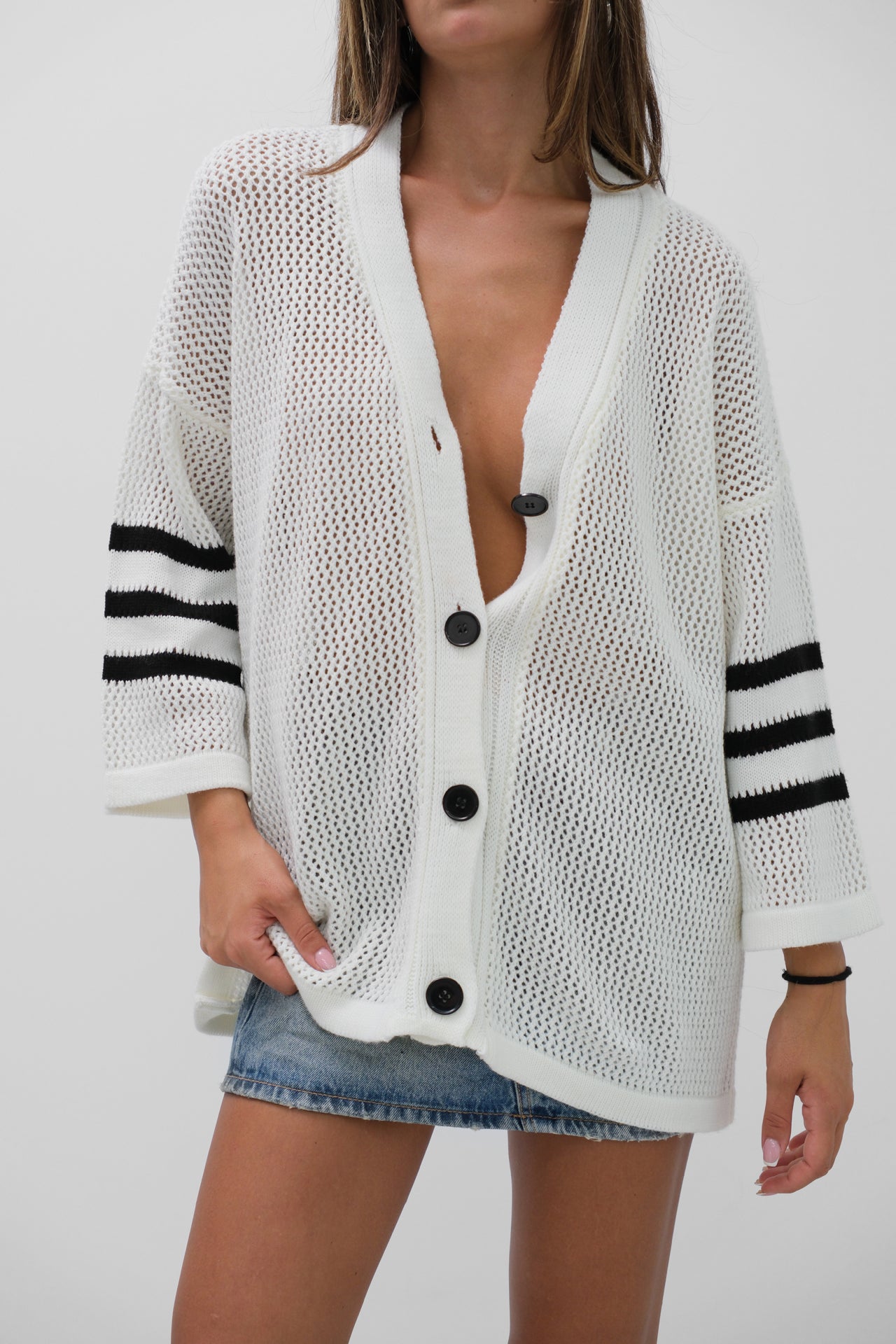 Openwork White Cardigan with Back Print 