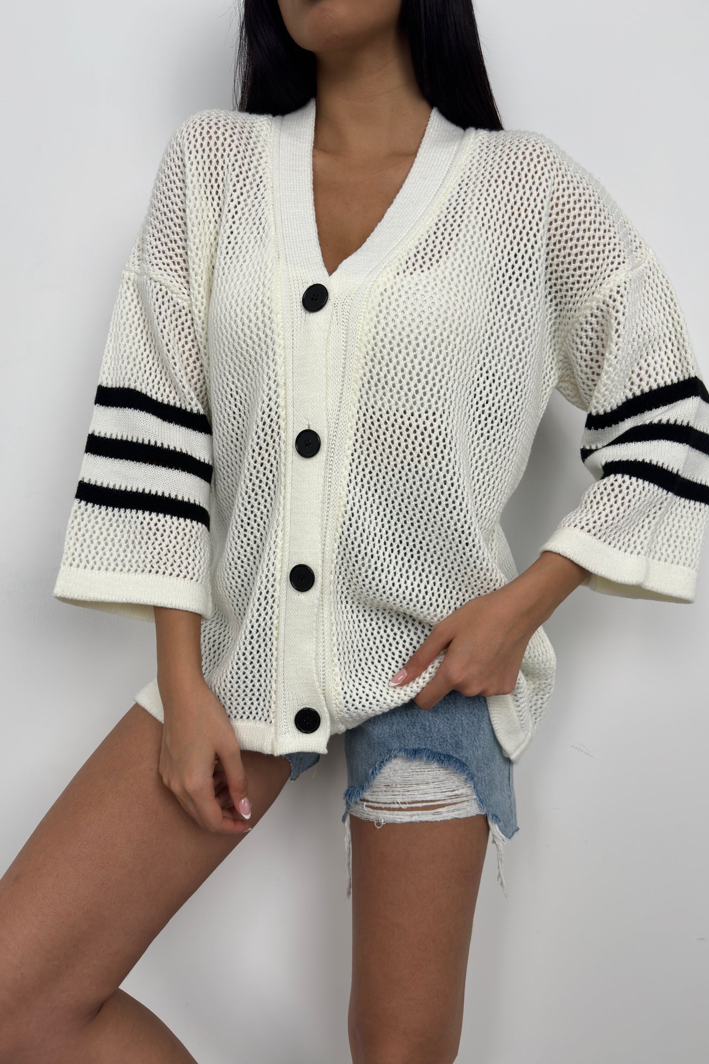 Openwork White Cardigan with Back Print 