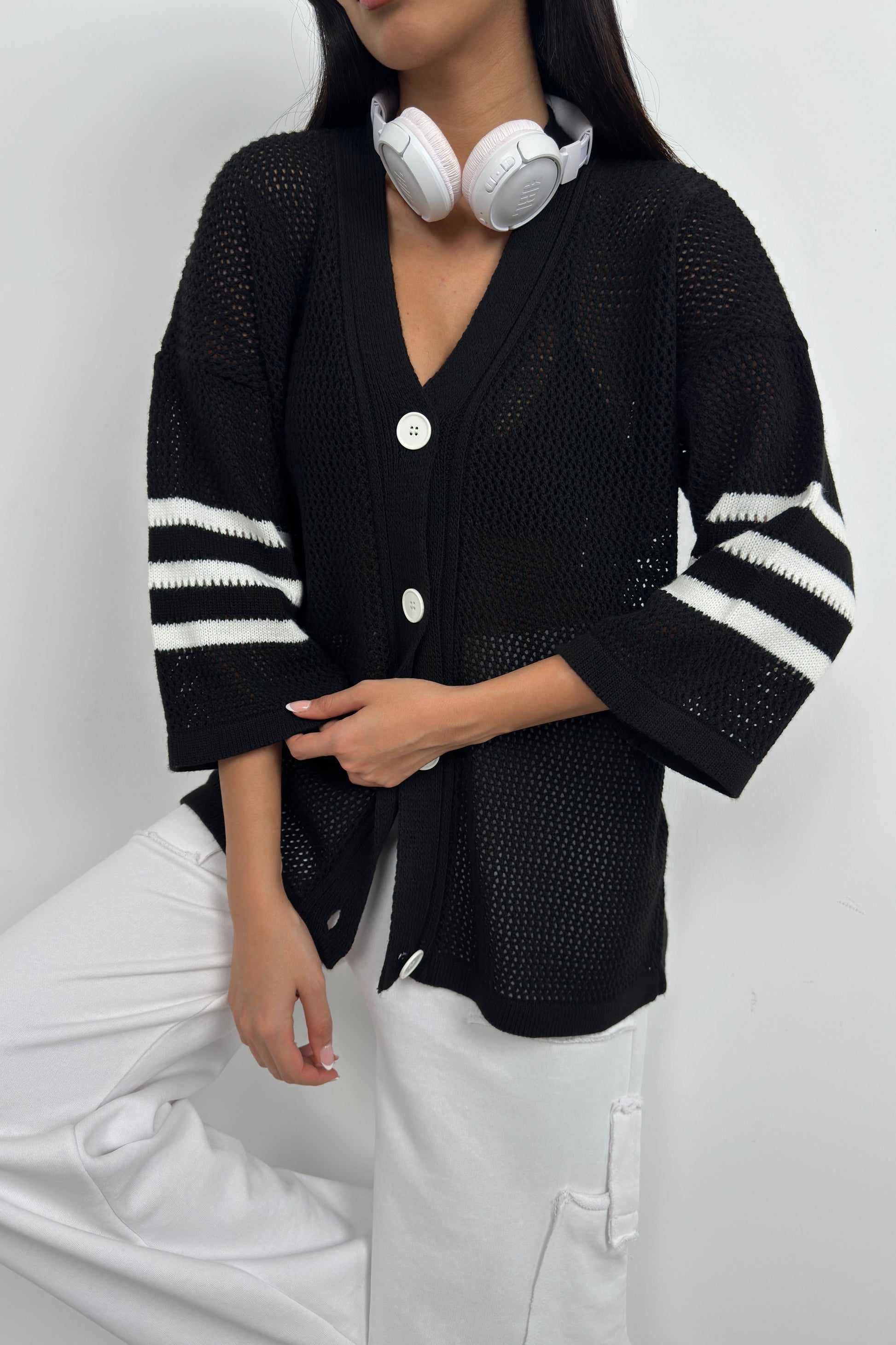 Black Cardigan with Openwork and Back Print 