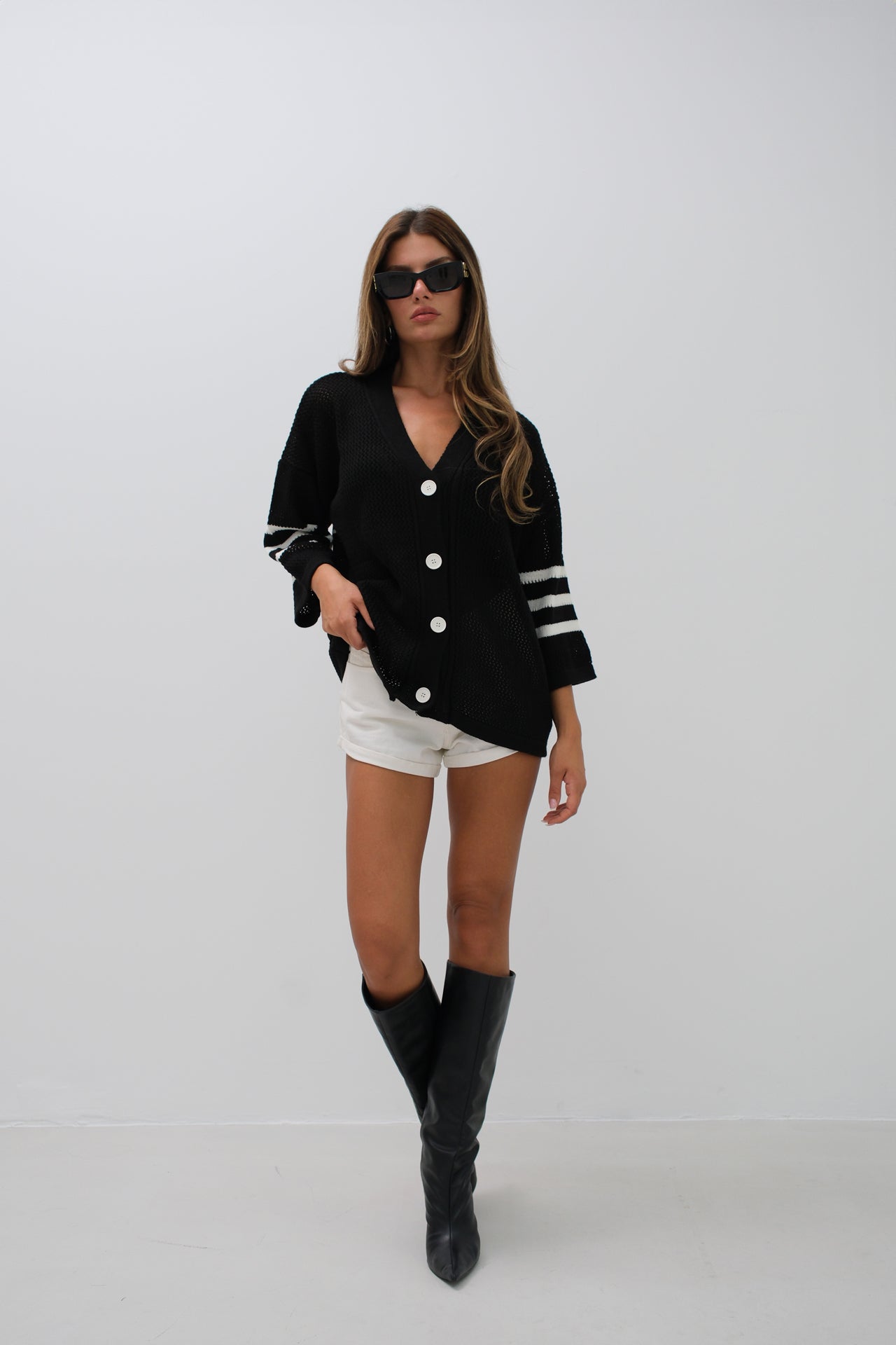 Black Cardigan with Openwork and Back Print 