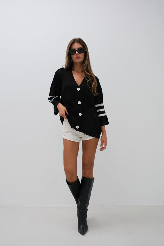 Black Cardigan with Openwork and Back Print 