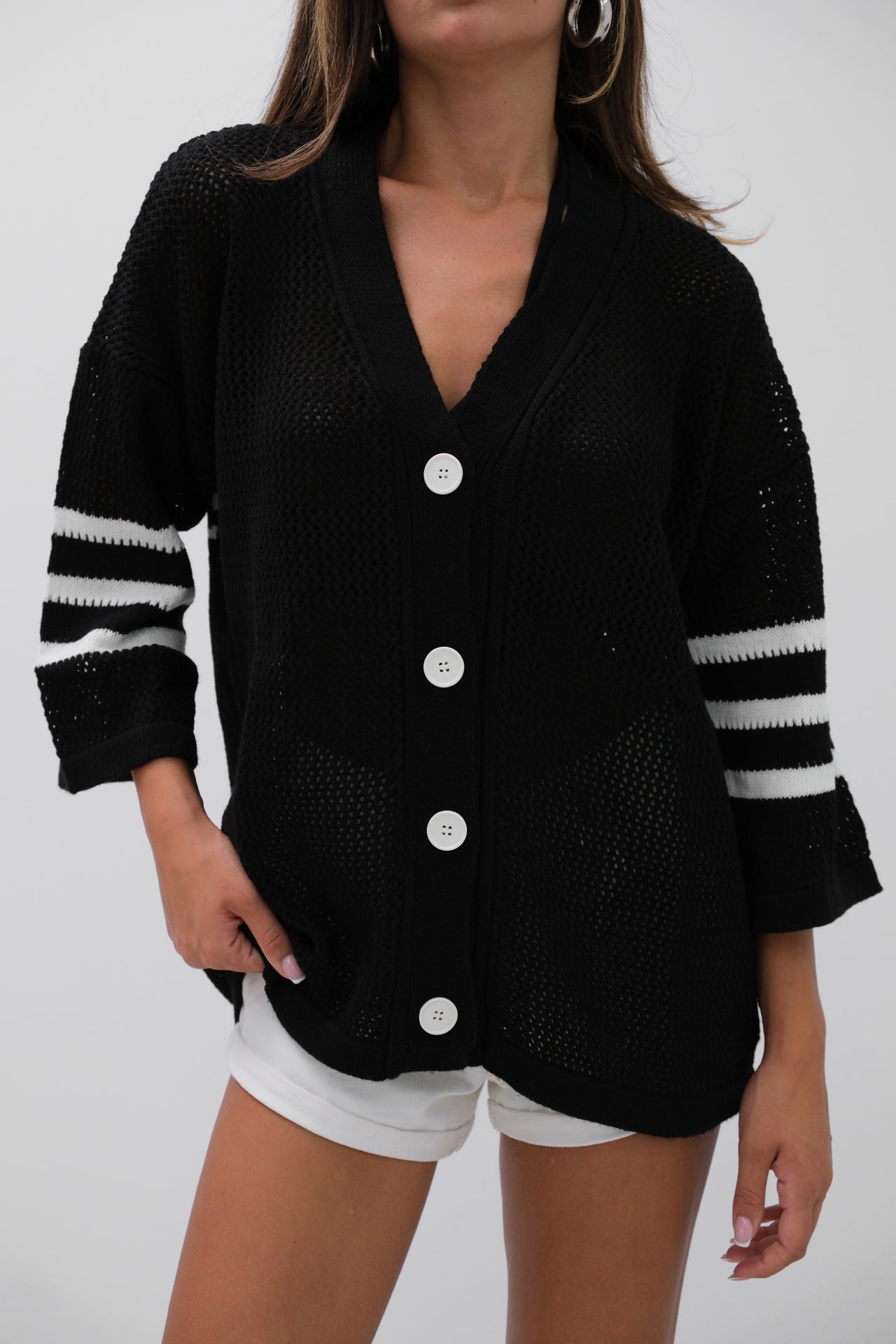 Black Cardigan with Openwork and Back Print 