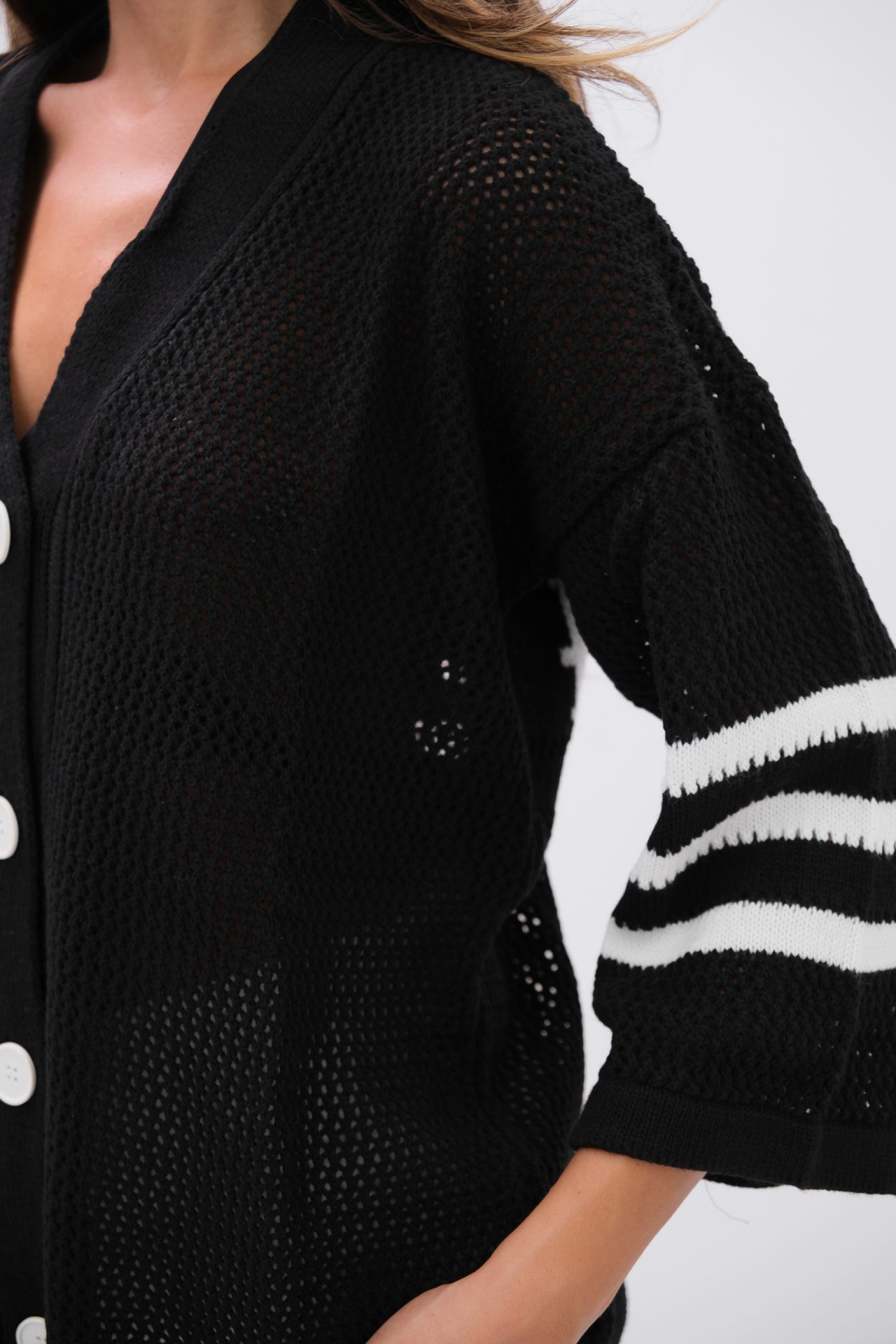 Black Cardigan with Openwork and Back Print 