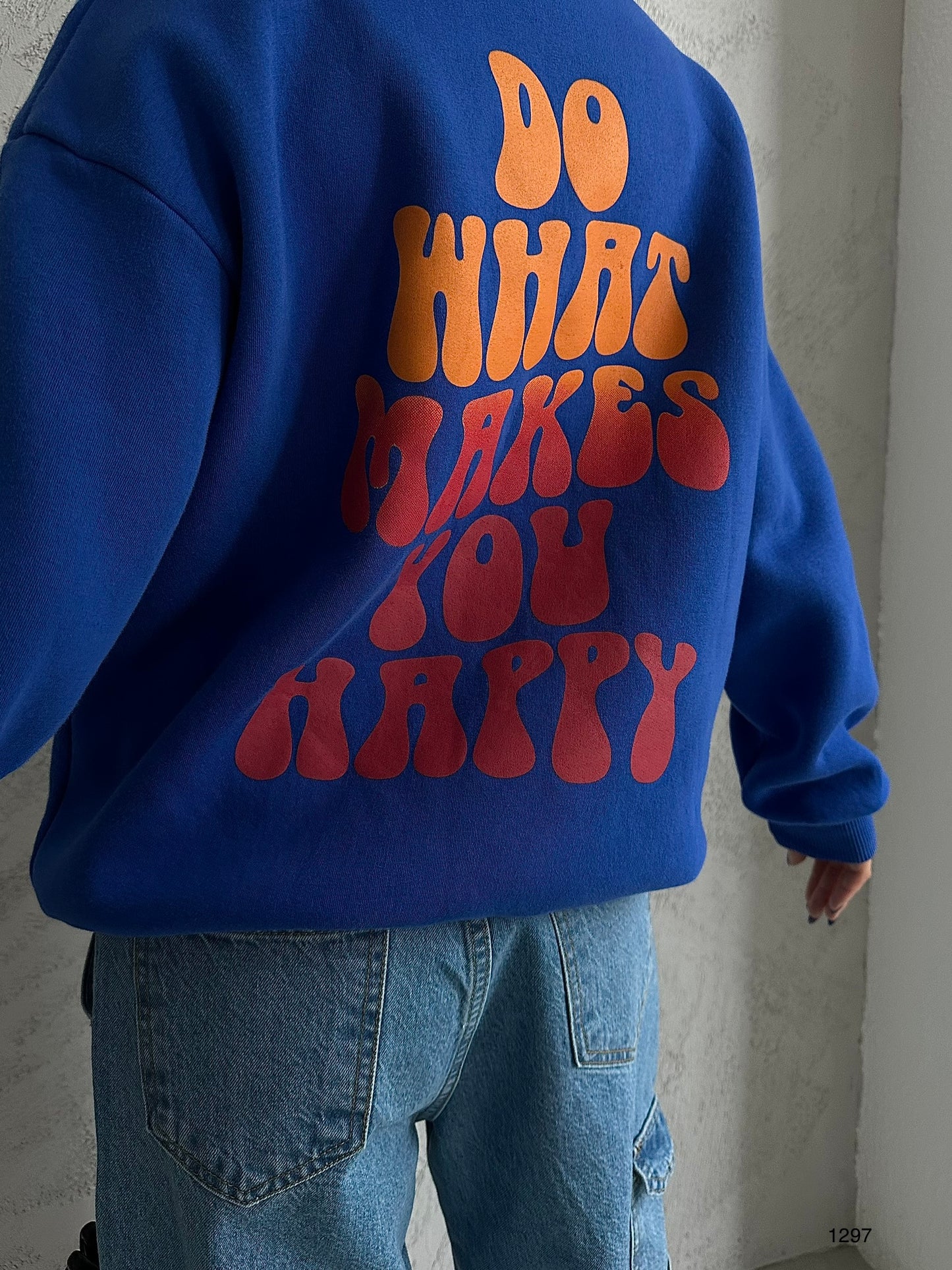 Sırt Baskılı Kapüşonlu Oversize Saks Sweatshirt