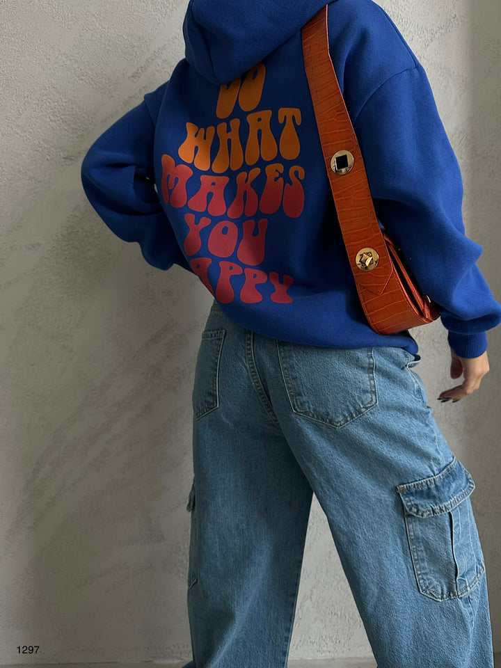 Sırt Baskılı Kapüşonlu Oversize Saks Sweatshirt