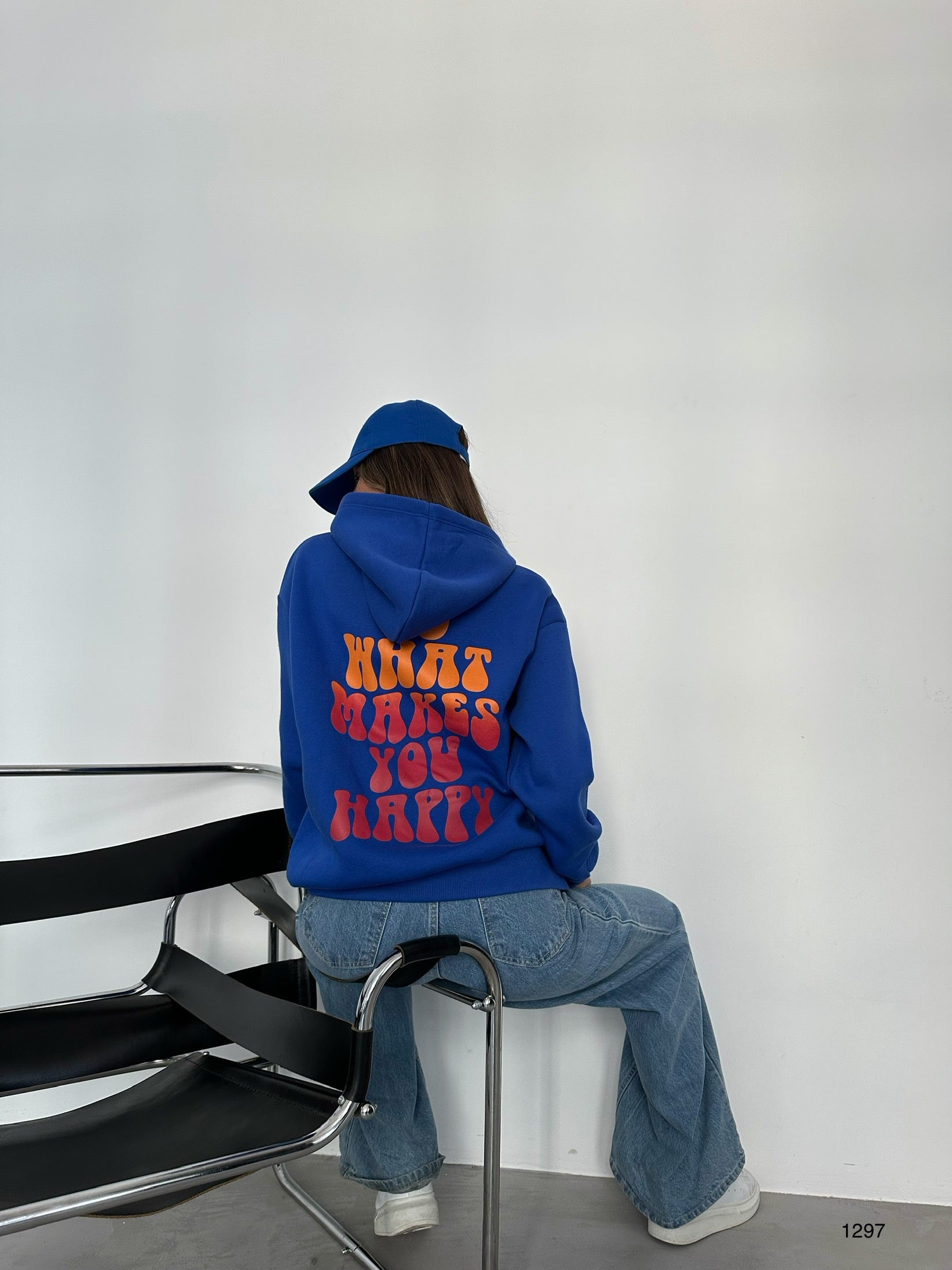 Sırt Baskılı Kapüşonlu Oversize Saks Sweatshirt