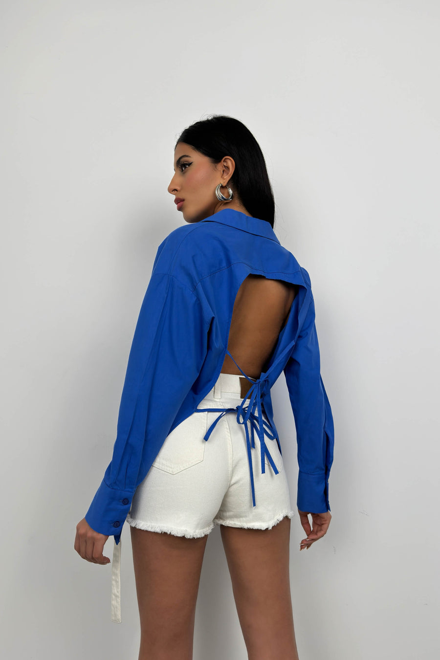 Backless Lace-up Saxe Shirt 