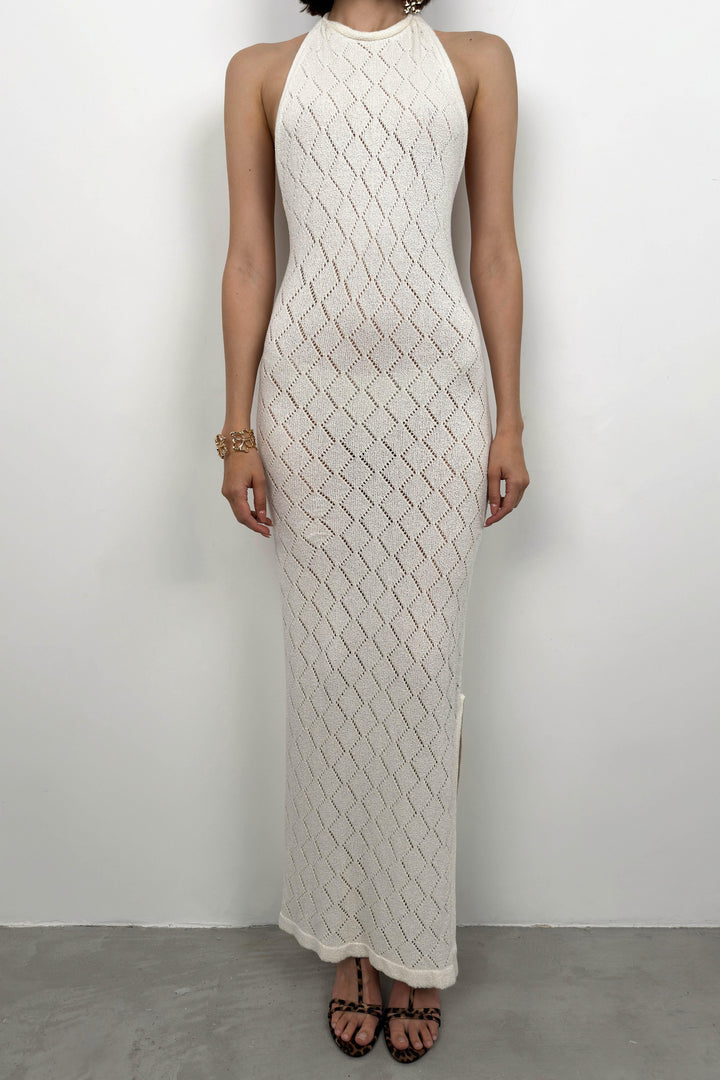 Sırt Dekolteli Beyaz Örgü Elbise