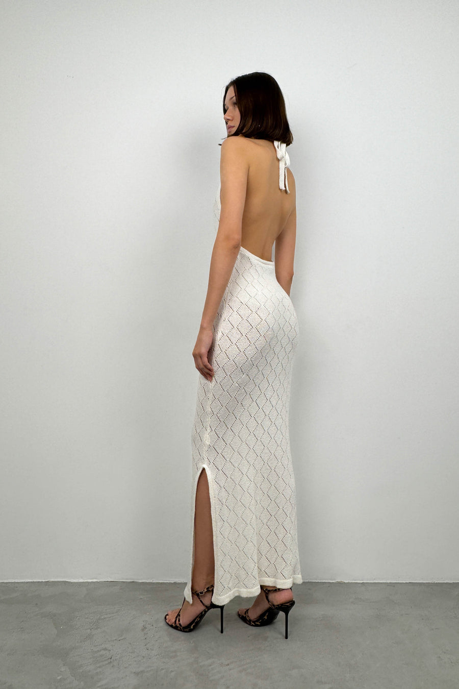 White Knit Dress with Open Back 