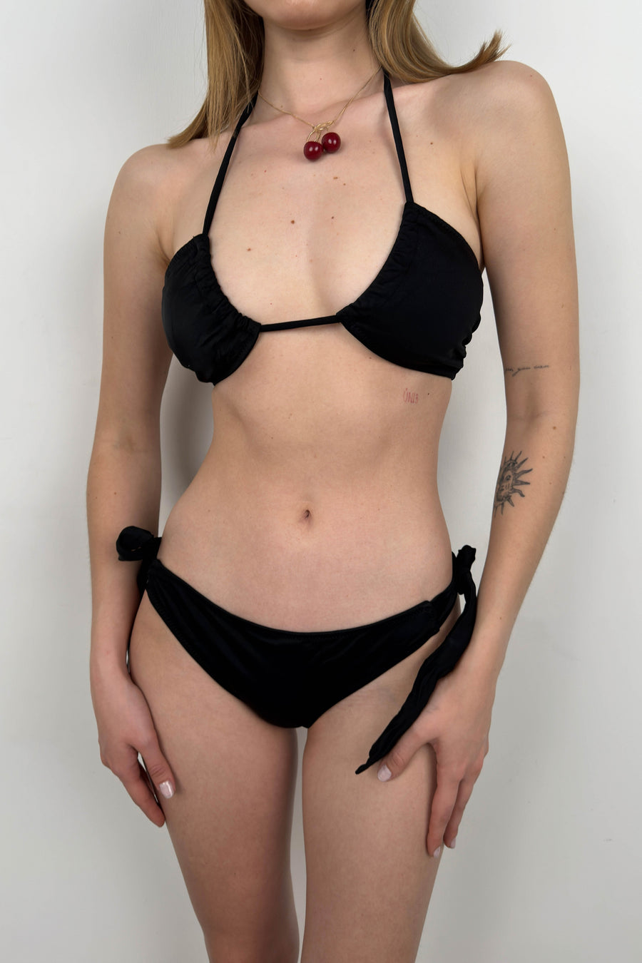 Strapless Neck Tied Black Bikini Set 