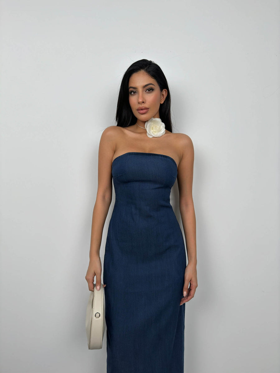 Strapless Dark Blue Denim Dress 