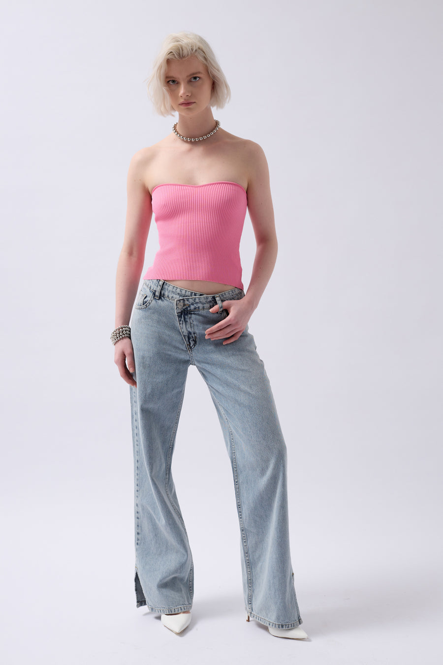 Straplez Dokulu Pembe Crop