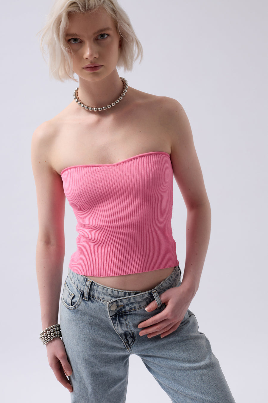 Straplez Dokulu Pembe Crop