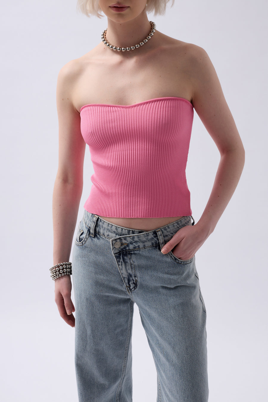 Straplez Dokulu Pembe Crop