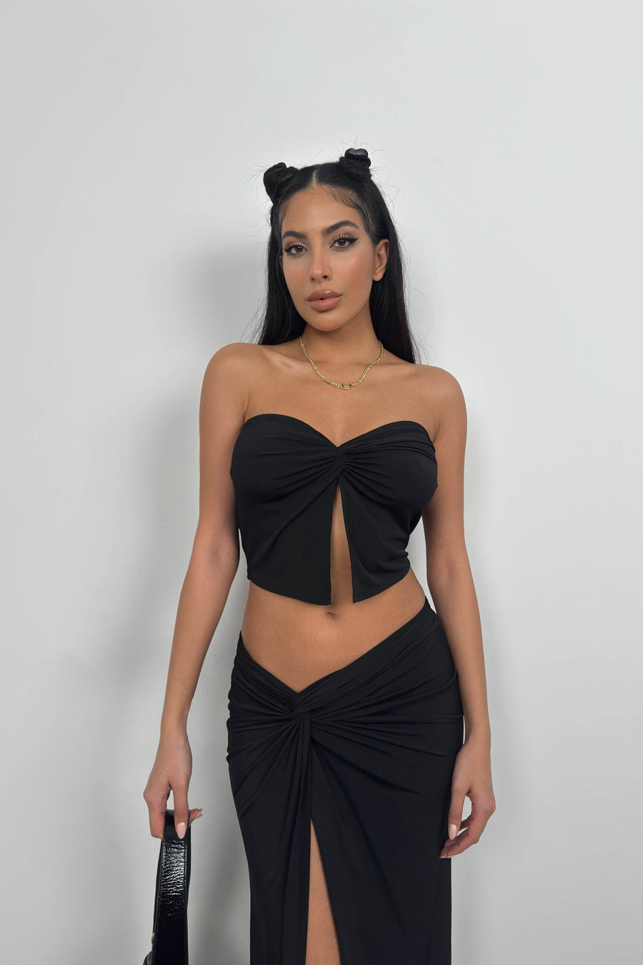 Strapless Knot Detail Black Blouse 