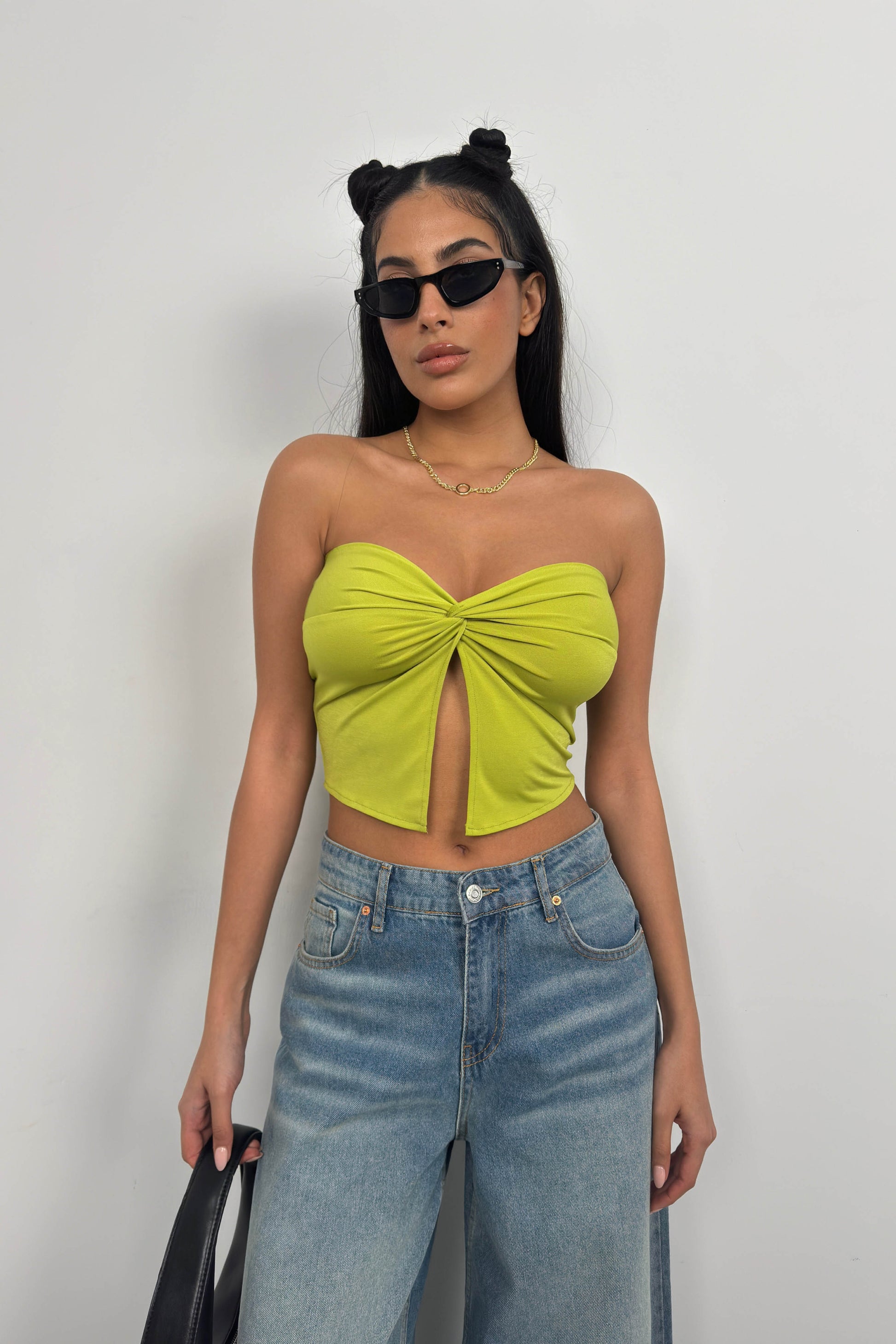 Strapless Knot Detail Green Blouse 