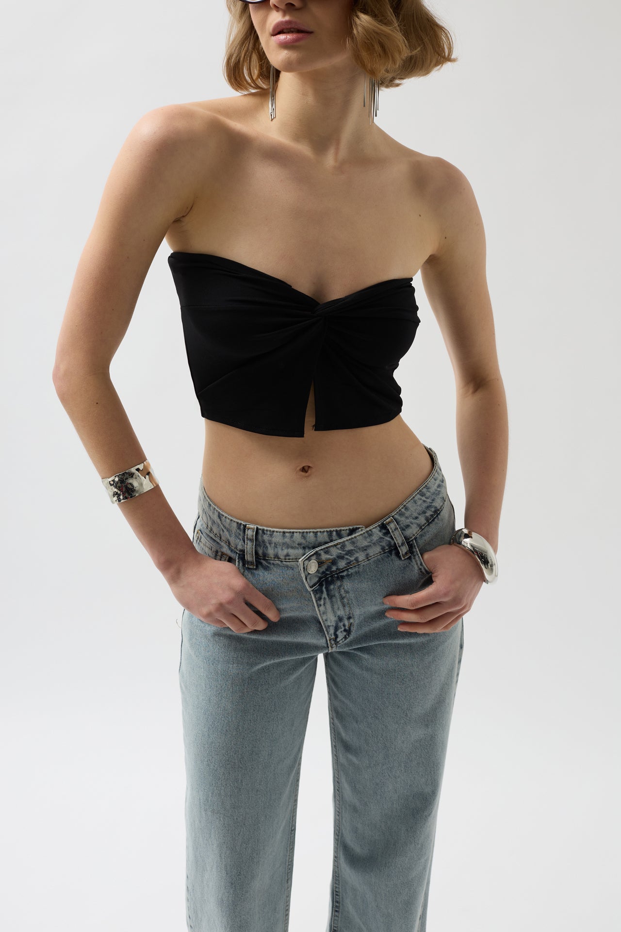 Strapless Knot Detail Black Blouse 