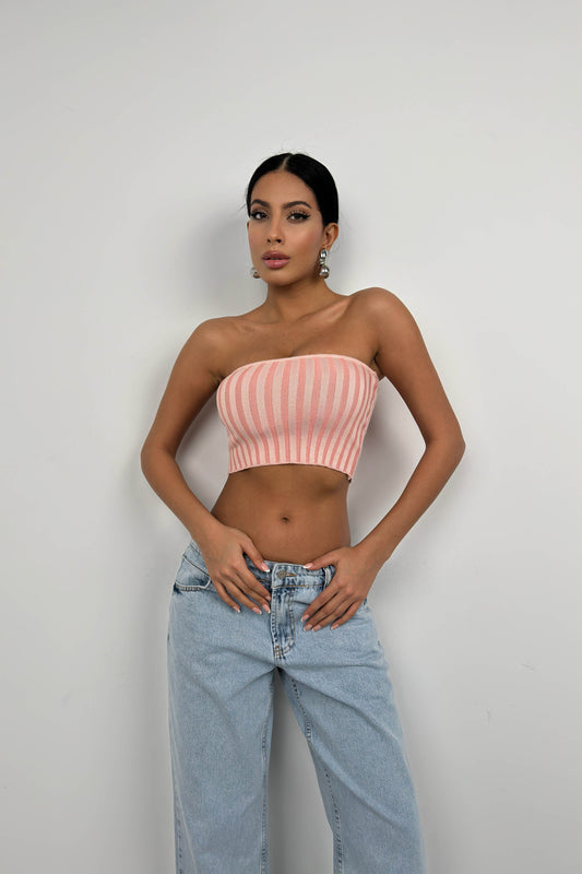 Strapless Ribbed Pink Crop 