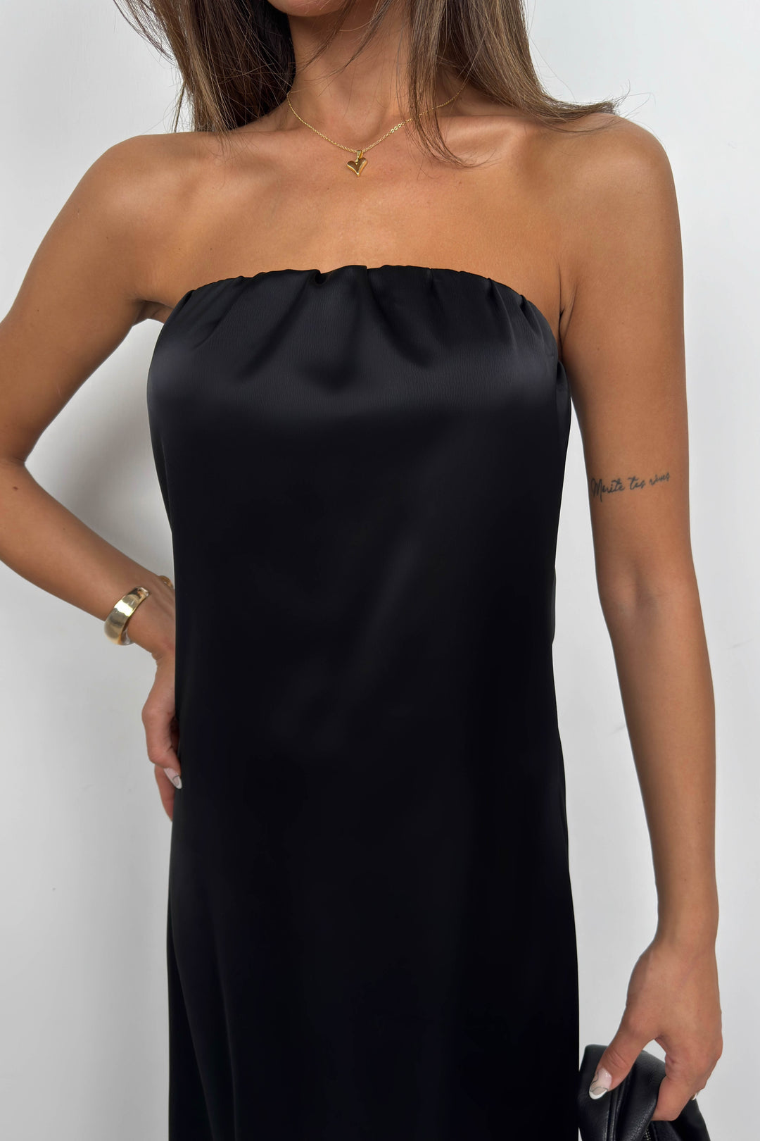 Straplez Sırt Dekolte Siyah Maxi Elbise