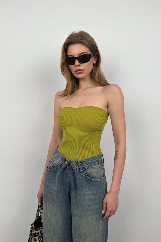 Strapless Oil Green Knit Blouse 