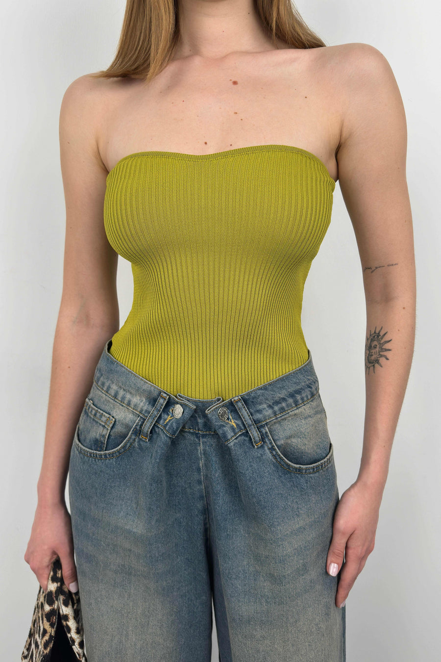 Strapless Oil Green Knit Blouse 