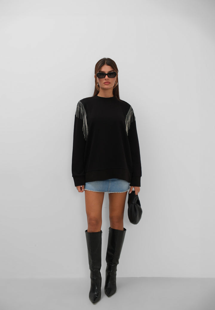 Taş Aksesuarlı Oversize Siyah Sweatshirt