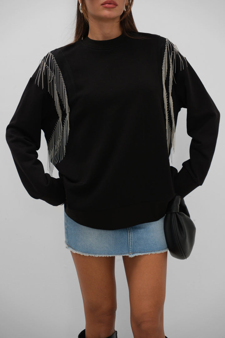 Taş Aksesuarlı Oversize Siyah Sweatshirt