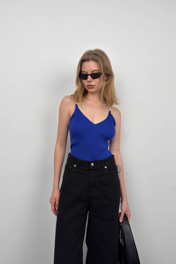 Taş Askılı Saks Triko Bluz