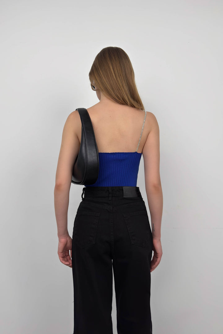 Taş Askılı Saks Triko Bluz