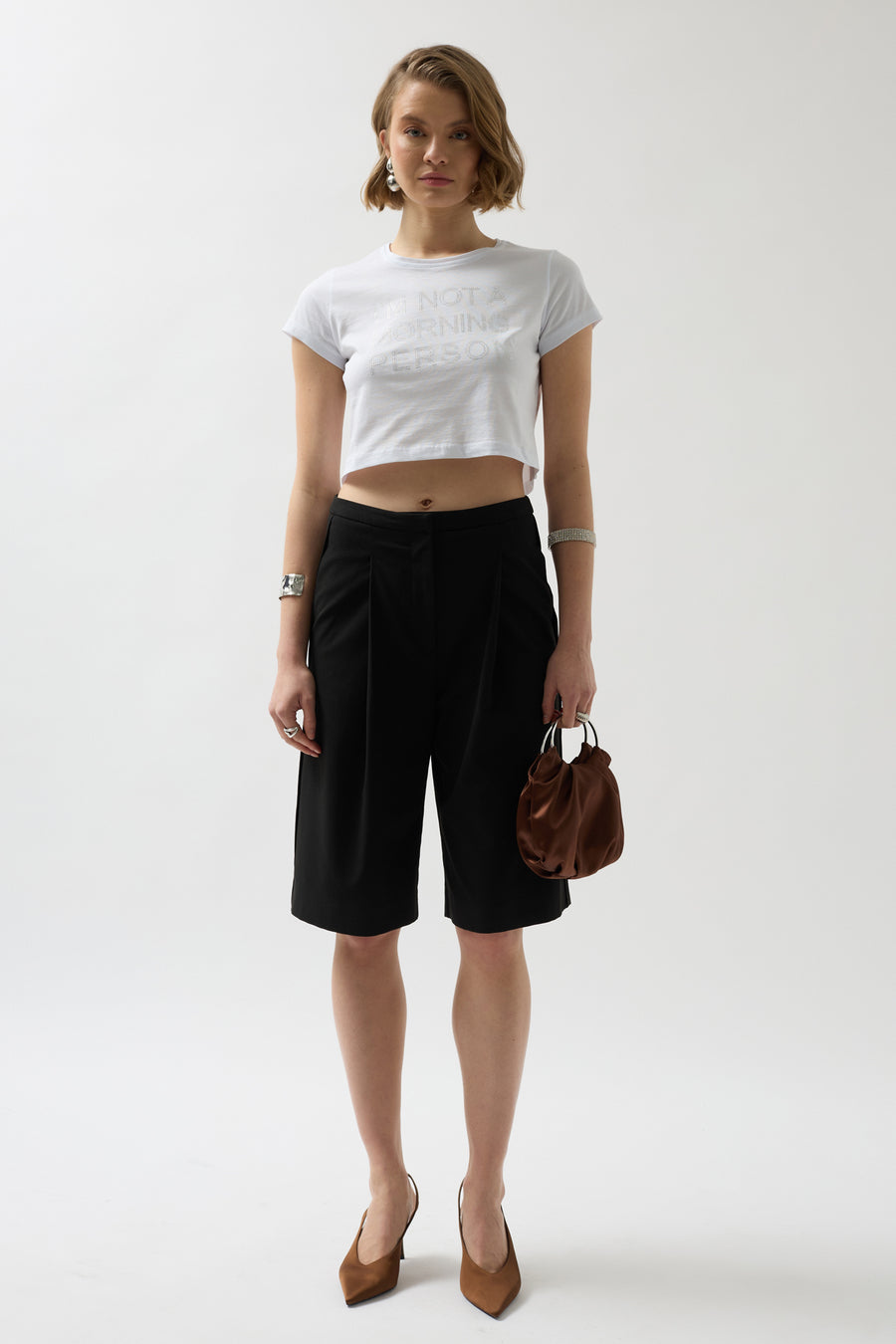 Stone Detail White Crop T-Shirt 