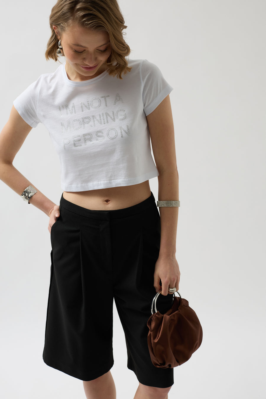 Stone Detail White Crop T-Shirt 