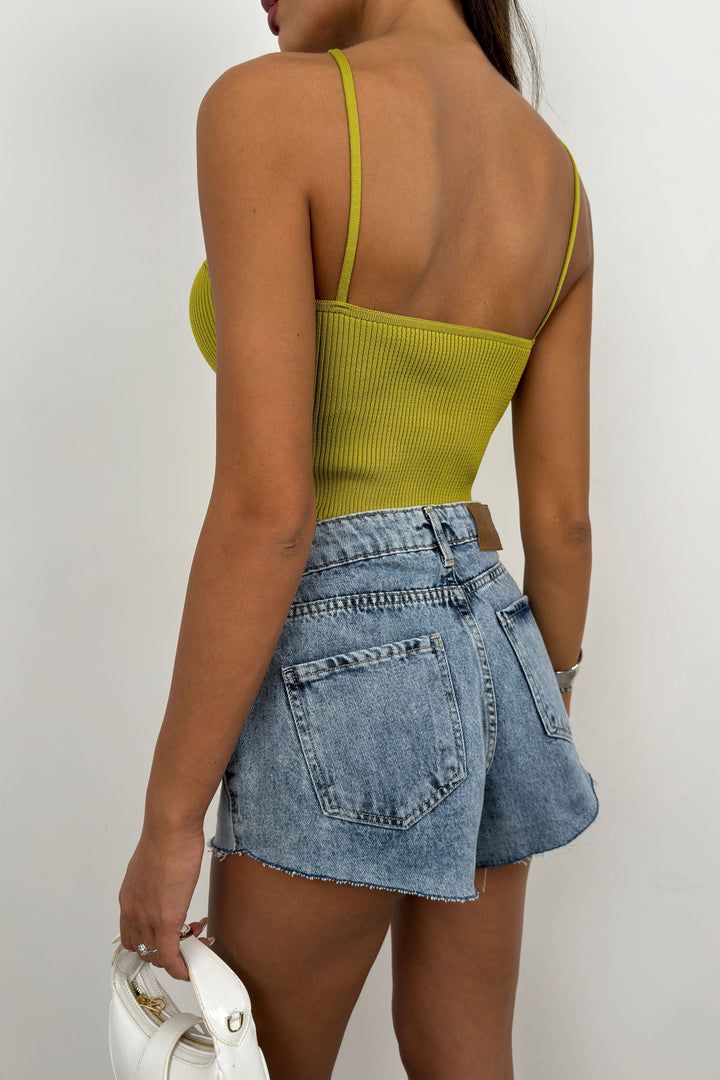 Taş Detay Yeşil Crop Bluz