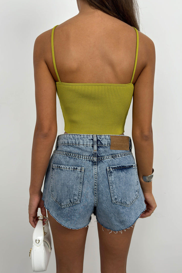 Taş Detay Yeşil Crop Bluz