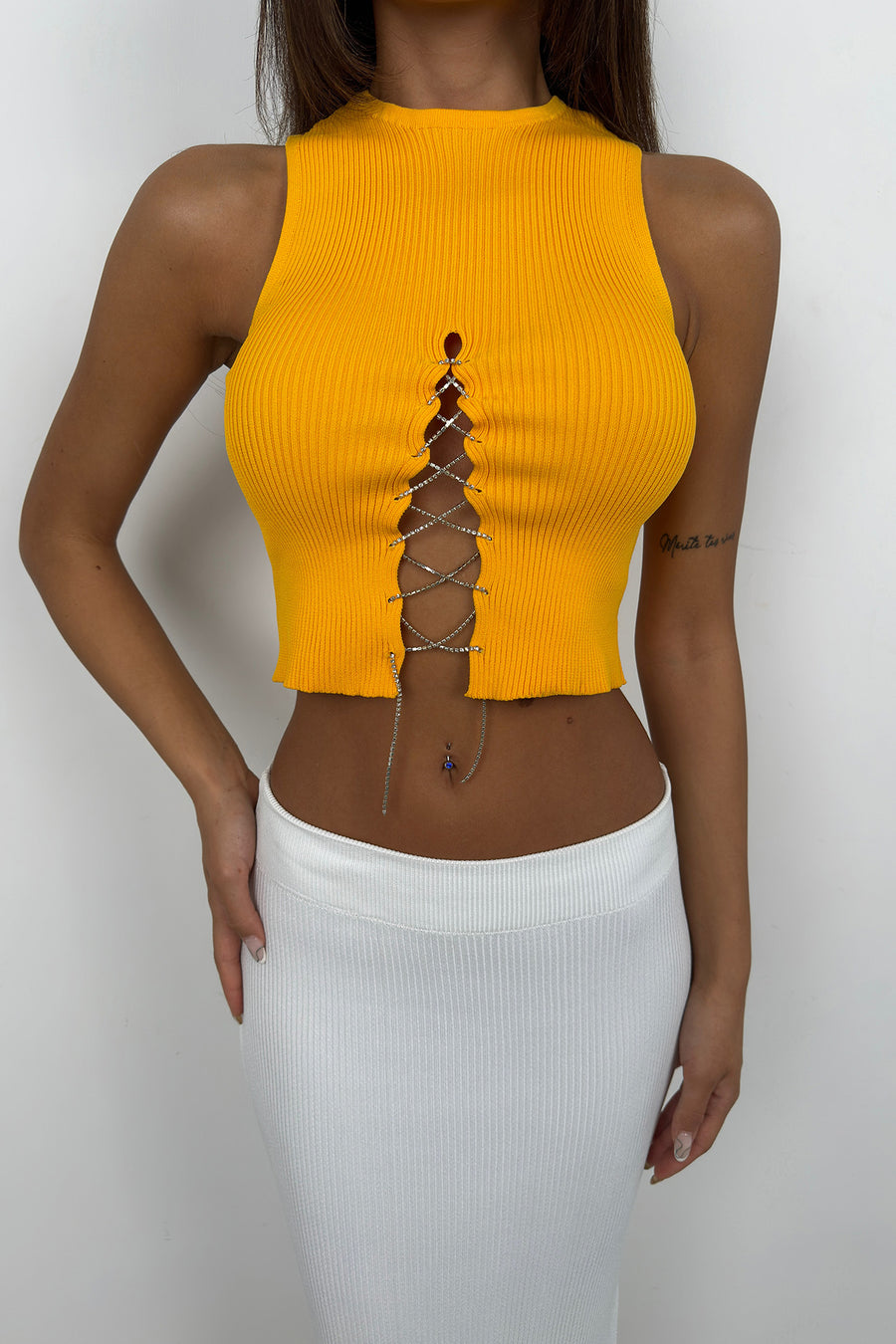 Stone Detailed Decollete Mango Crop Blouse