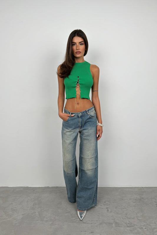 Stone Detailed Decollete Green Crop Blouse 