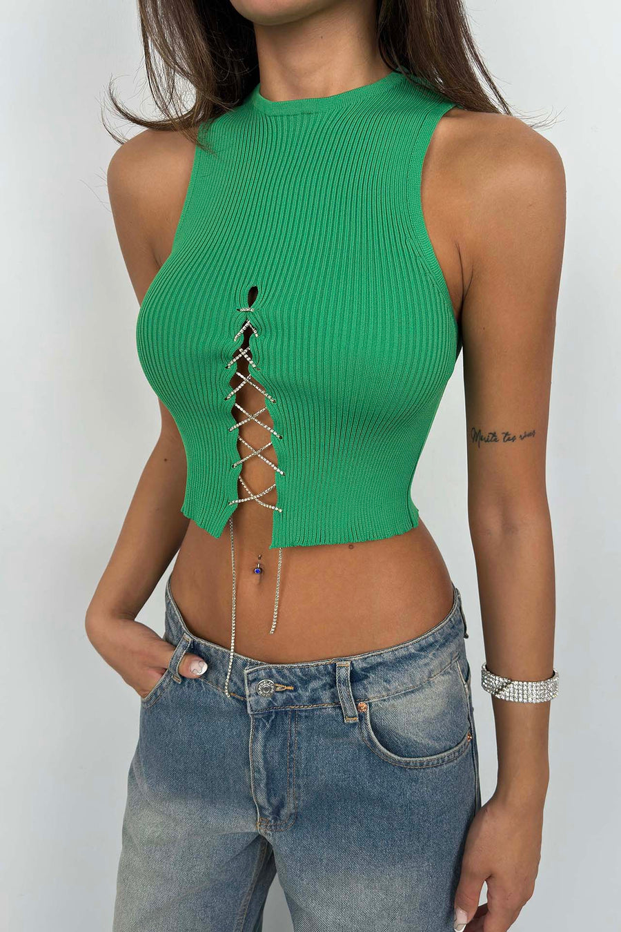 Stone Detailed Decollete Green Crop Blouse 