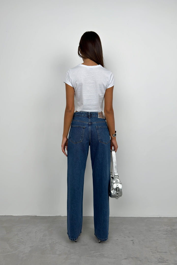 Taş Detay Mavi Mom Jean