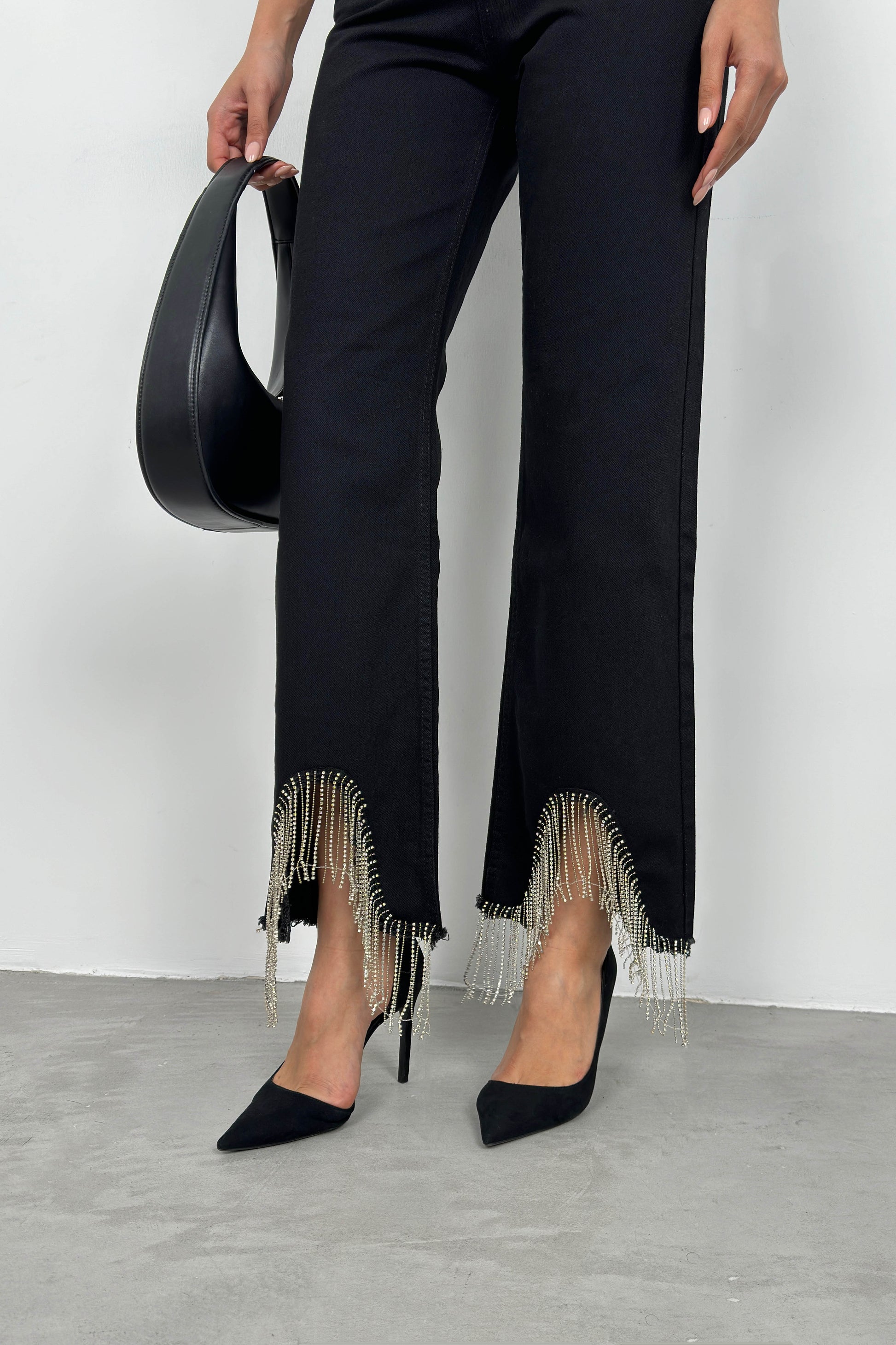 Stone Detail Tassel Black Jeans 