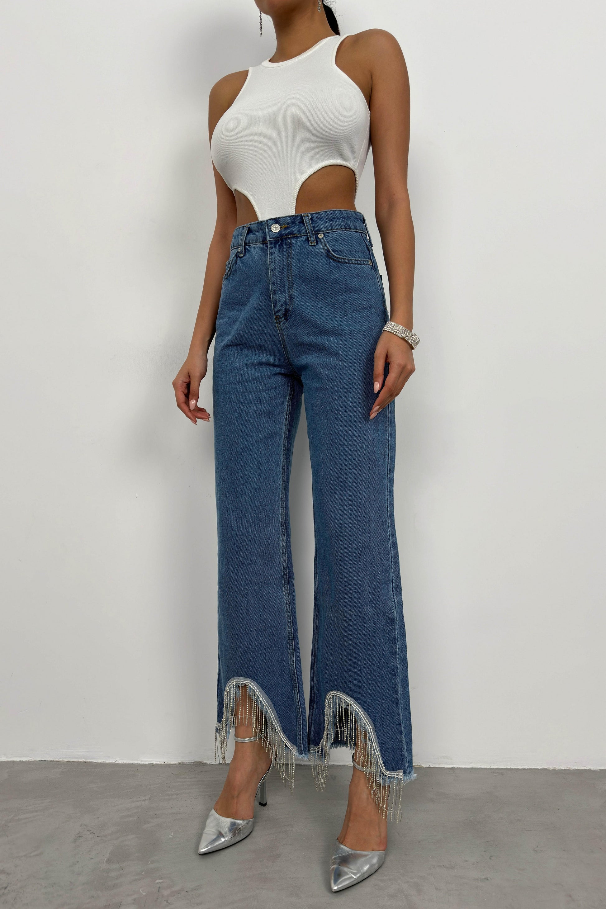 Stone Detail Tassel Blue Jeans 