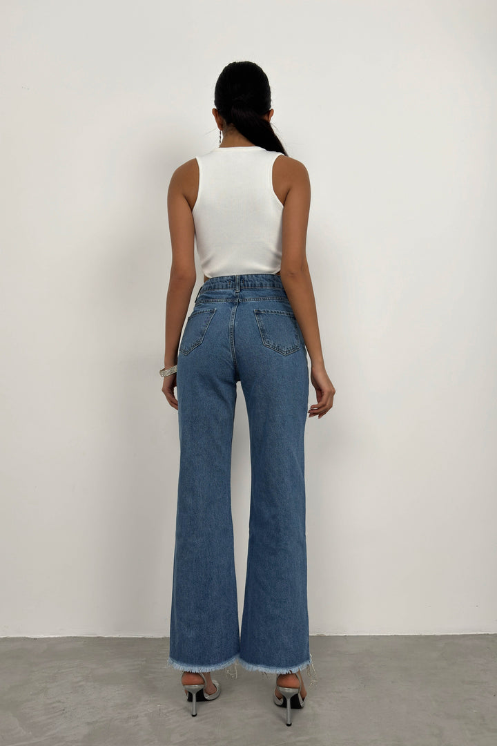 Taş Detay Püsküllü Mavi Jean
