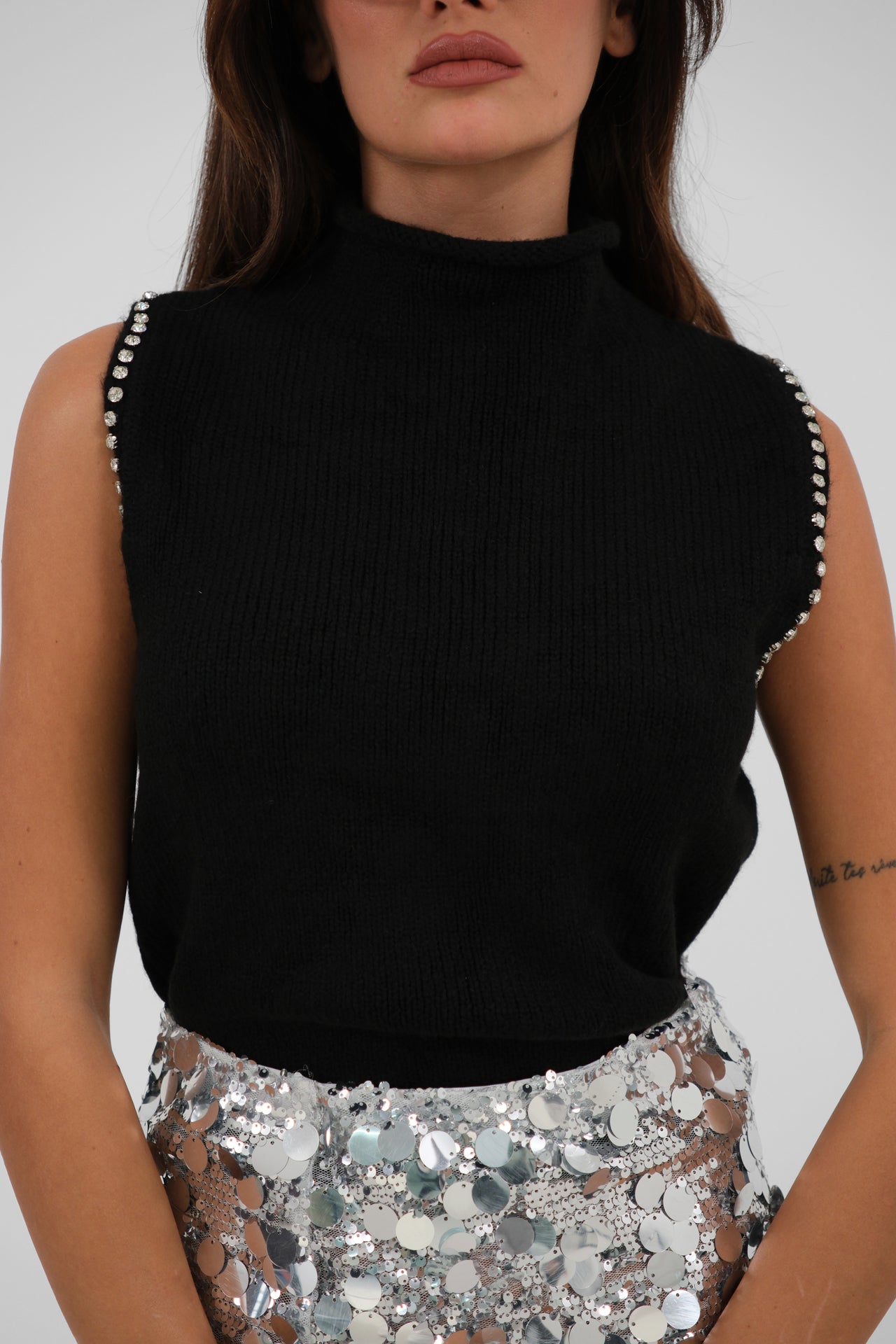 Black Knitted Sweater with Stone Details 