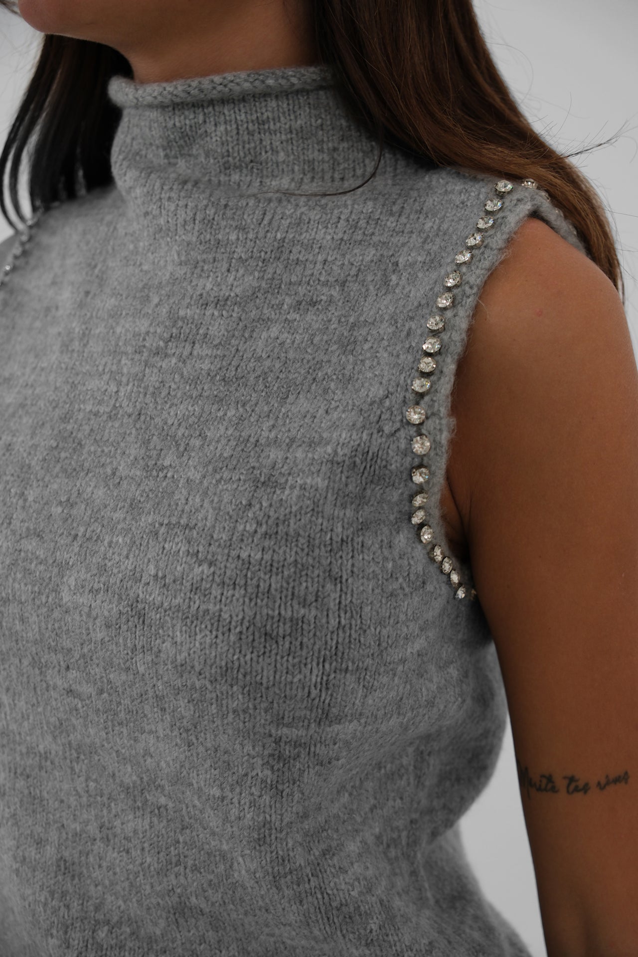 Gray Knitted Sweater with Stone Details 