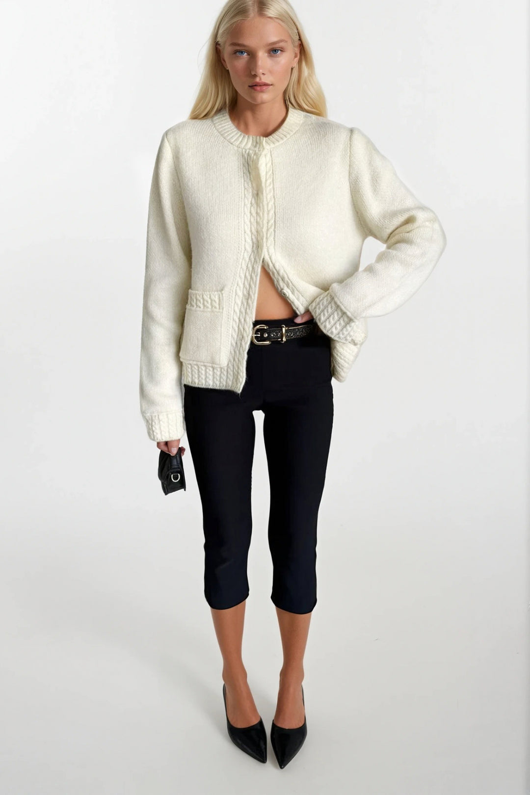 Tek Cepli Çıtçıtlı Ekru Triko Hırka