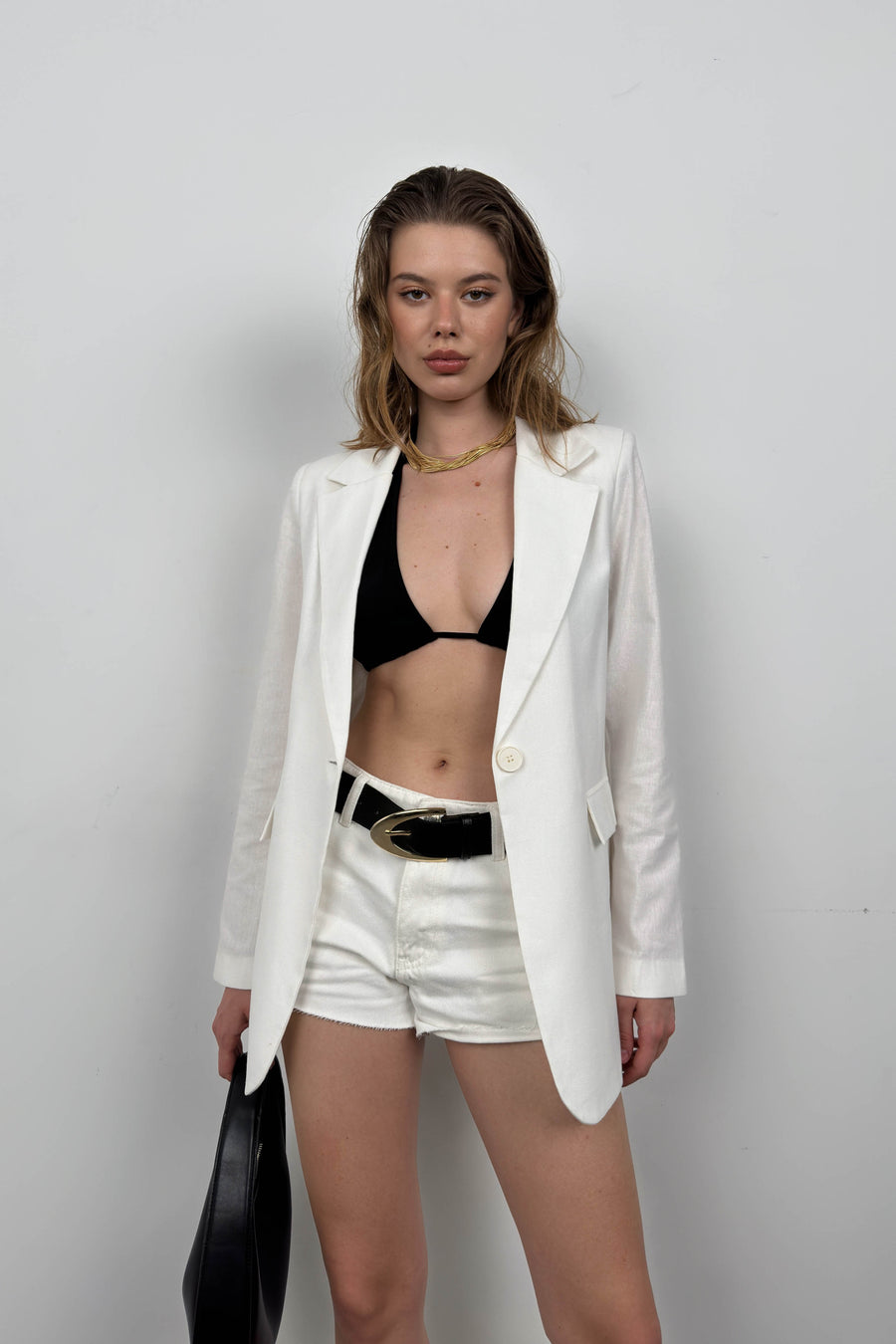 Single Button White Linen Blazer 