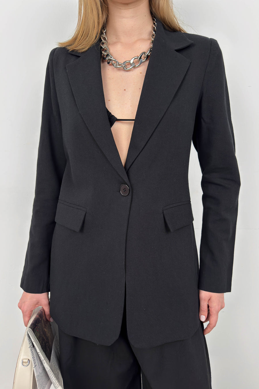 Single Button Black Linen Blazer 