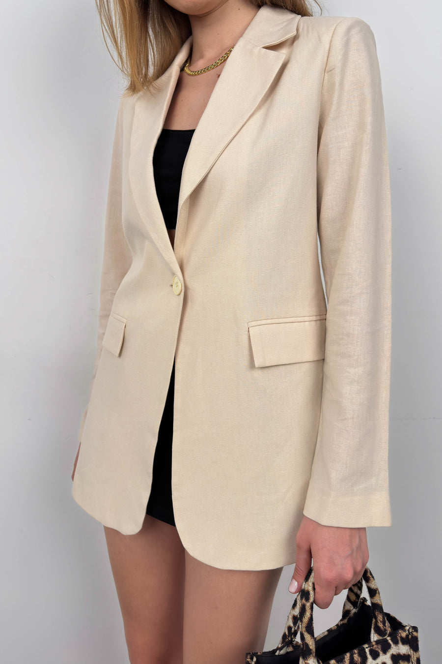 Single Button Beige Linen Blazer