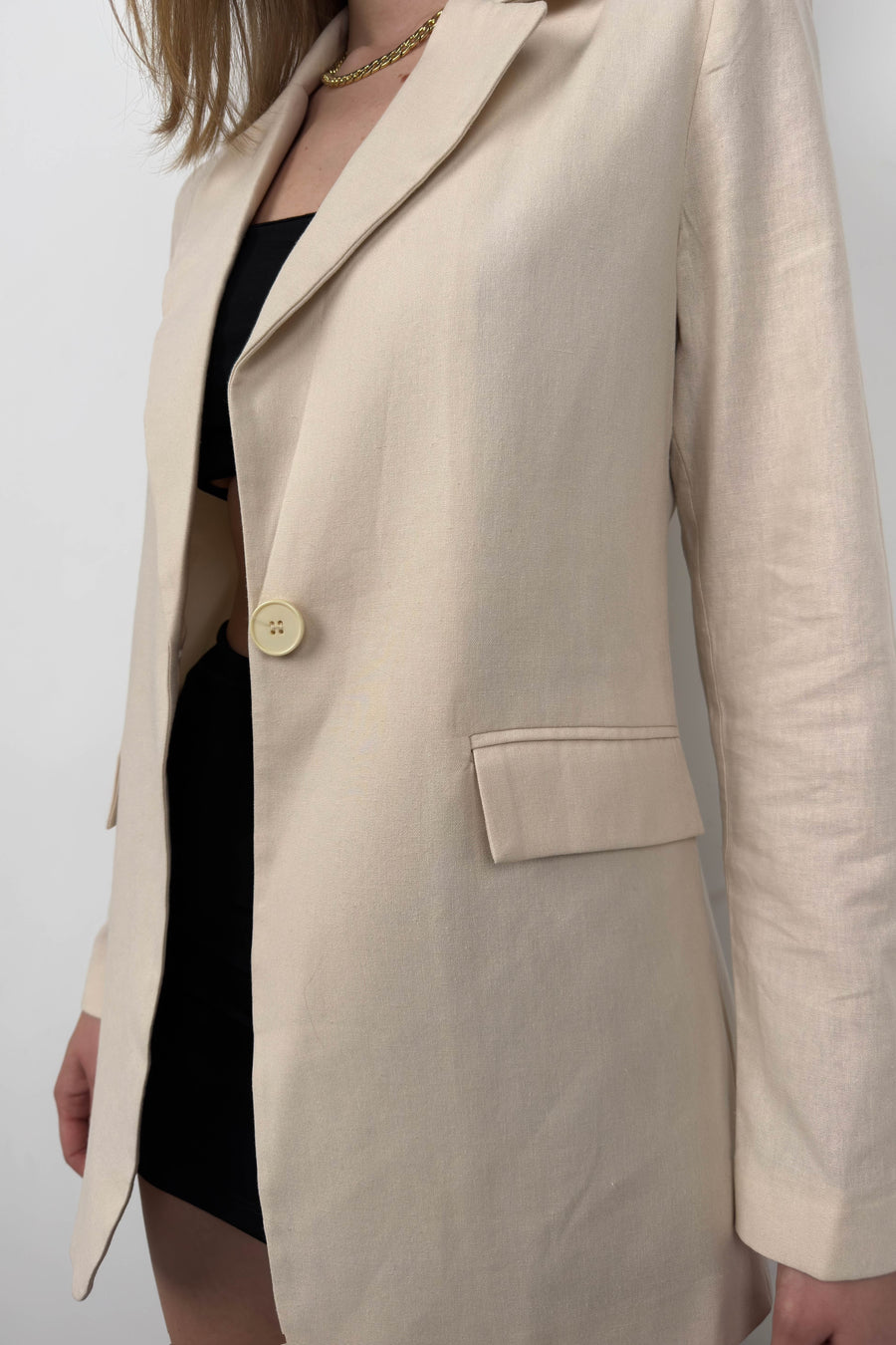 Single Button Beige Linen Blazer