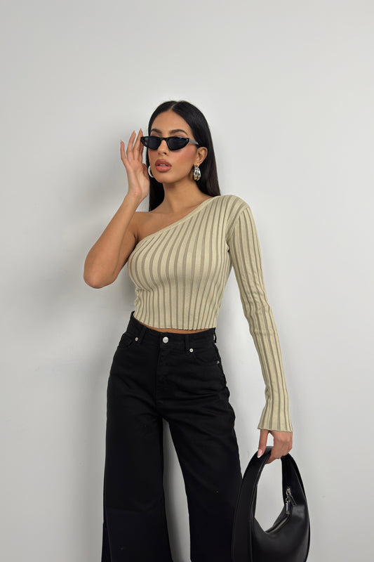 Single Sleeve Ribbed Beige Knit Blouse 