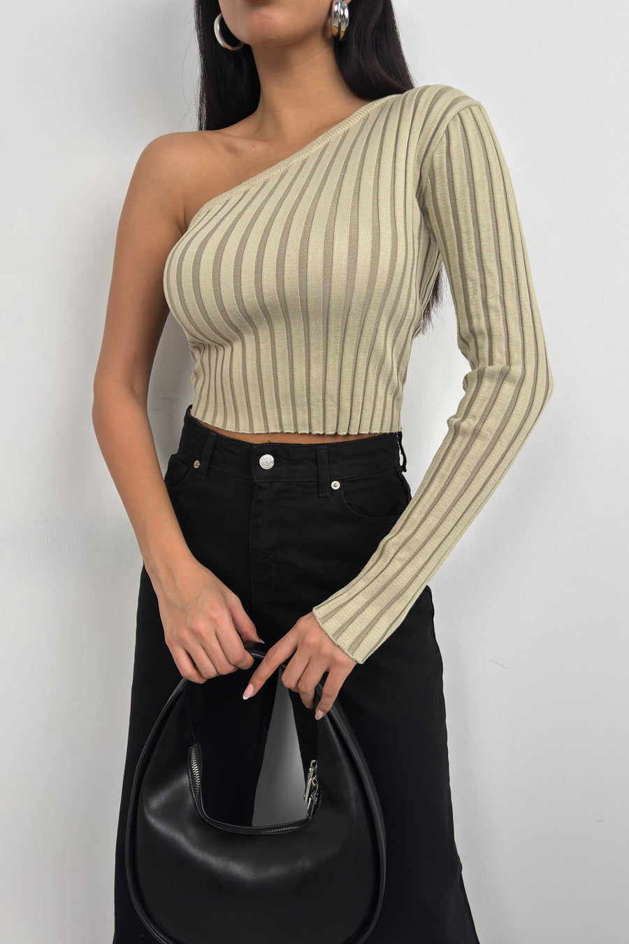 Single Sleeve Ribbed Beige Knit Blouse 